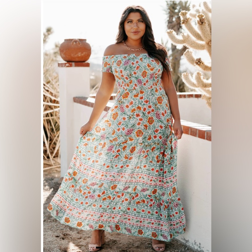 NanaMacs Miracles Happen Off The Shoulder Floral Maxi Dress Green-Multi SMALL